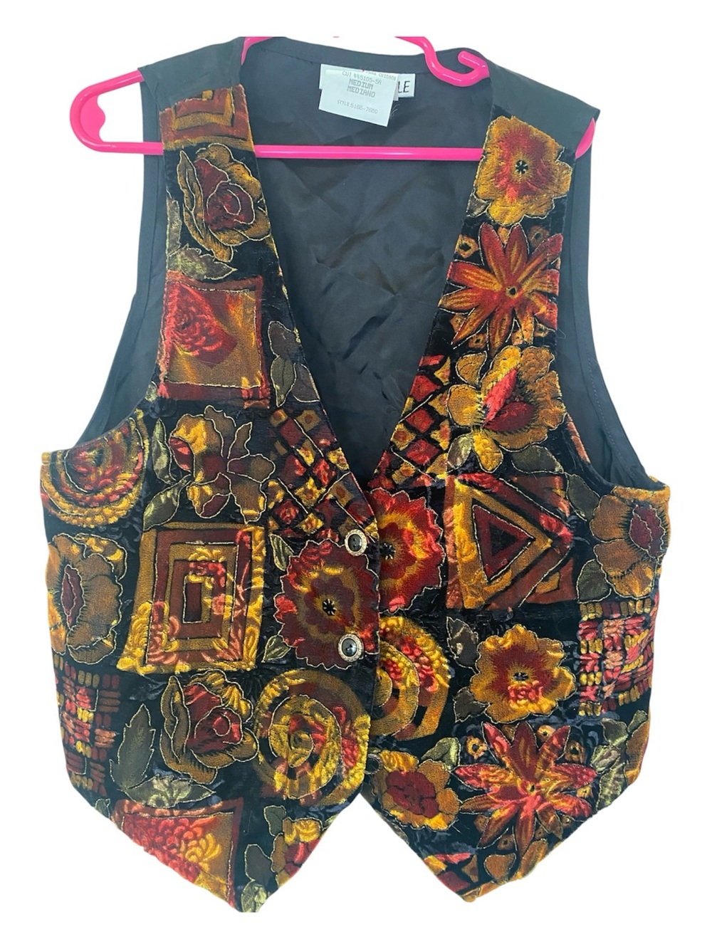 My Michelle Black Velvet Floral Patchwork Vest Gold & Red Accent size medium 90s